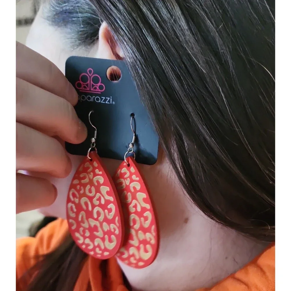 Paparazzi Untamed Red Leopard Print Wood Teardrop Earrings - NWT